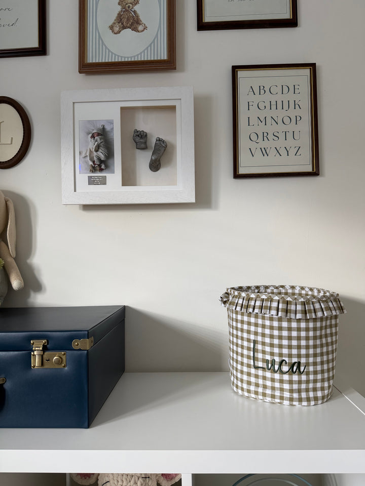 Mabel & Fox - Personalised Olive Green Gingham Ruffle Basket - Embroidered