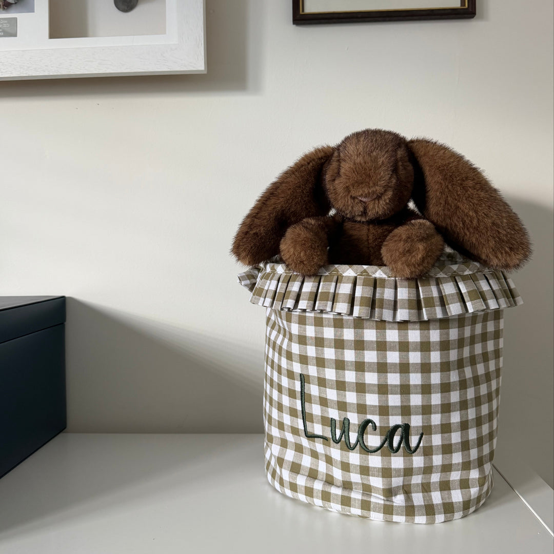 Mabel & Fox - Personalised Olive Green Gingham Ruffle Basket - Embroidered