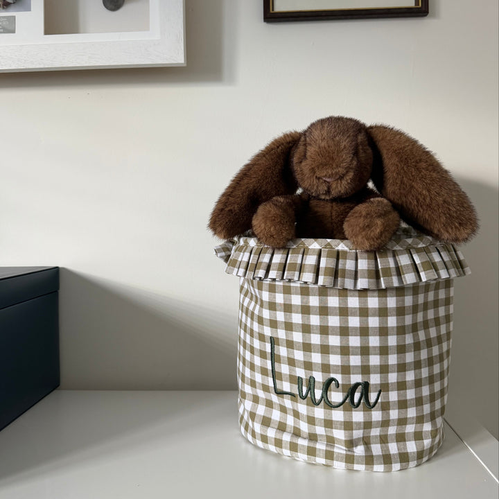 Mabel & Fox - Personalised Olive Green Gingham Ruffle Basket - Embroidered