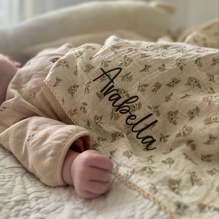 Mabel & Fox - Personalised Baby Muslin Cotton Blanket - Dainty Floral