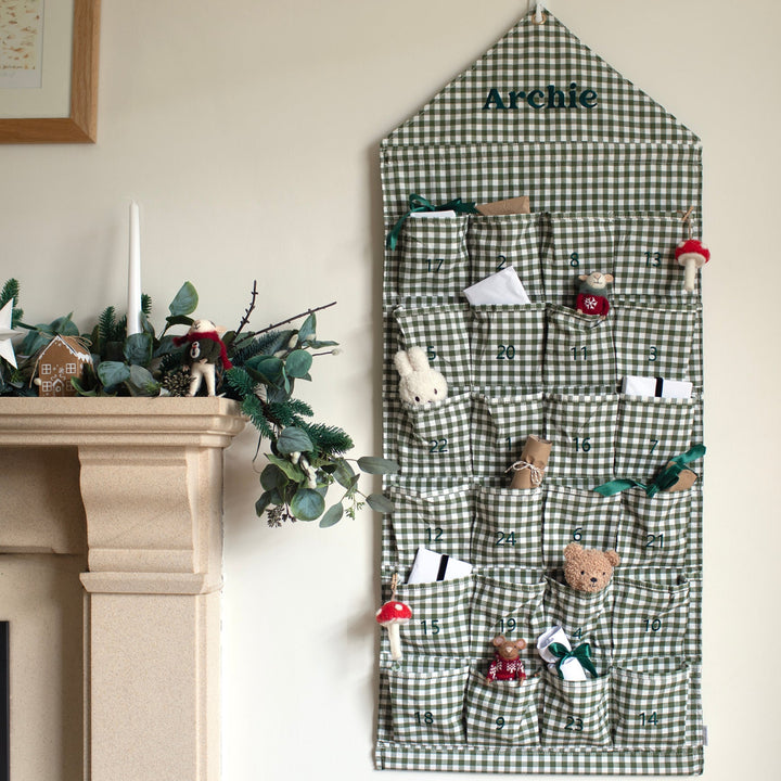 Mabel & Fox - Personalised Green Gingham Advent Calendar - Embroidered