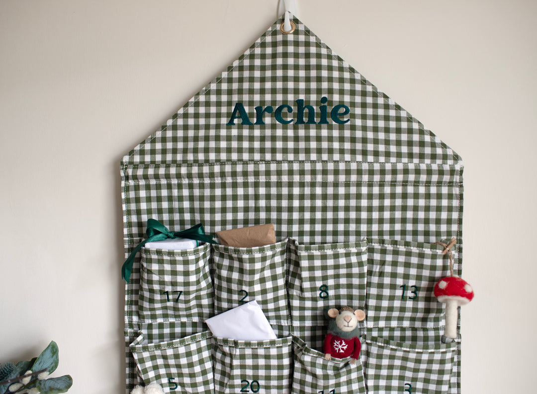 Mabel & Fox - Personalised Green Gingham Advent Calendar - Embroidered
