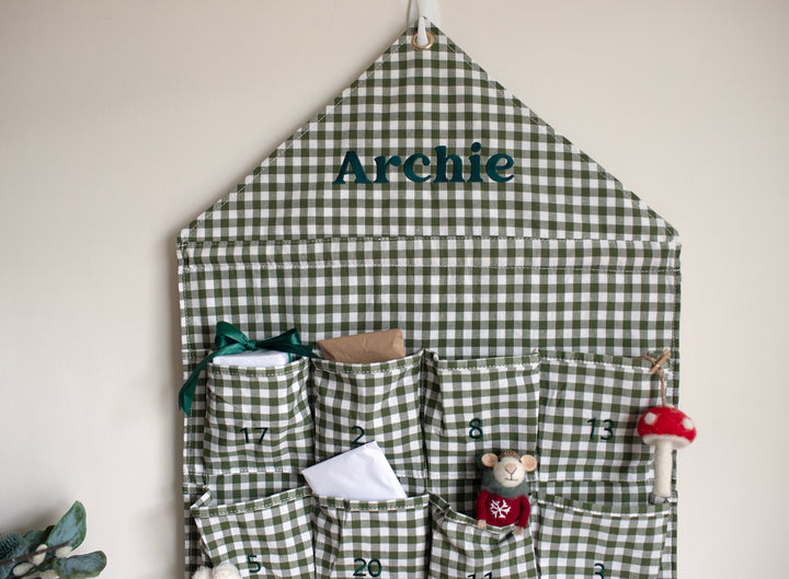 Mabel & Fox - Personalised Green Gingham Advent Calendar - Embroidered