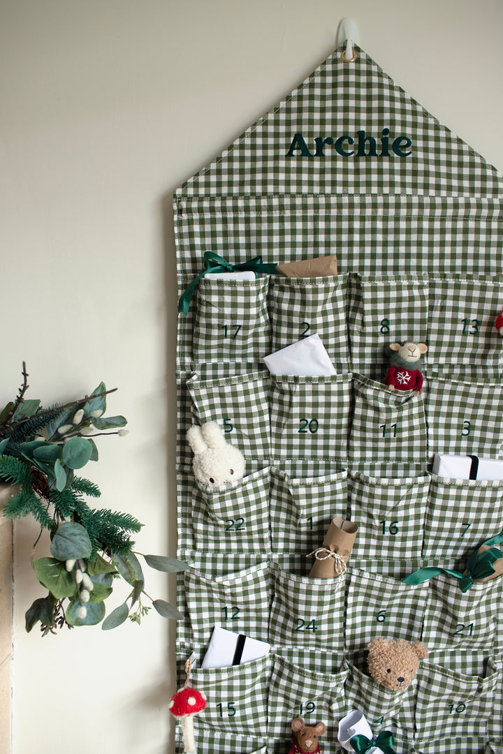 Mabel & Fox - Personalised Green Gingham Advent Calendar - Embroidered