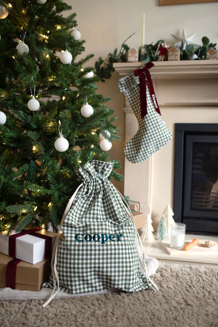 Mabel & Fox - Personalised Green Gingham Gift Sack - Embroidered