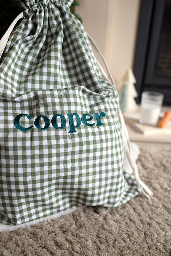 Mabel & Fox - Personalised Green Gingham Gift Sack - Embroidered