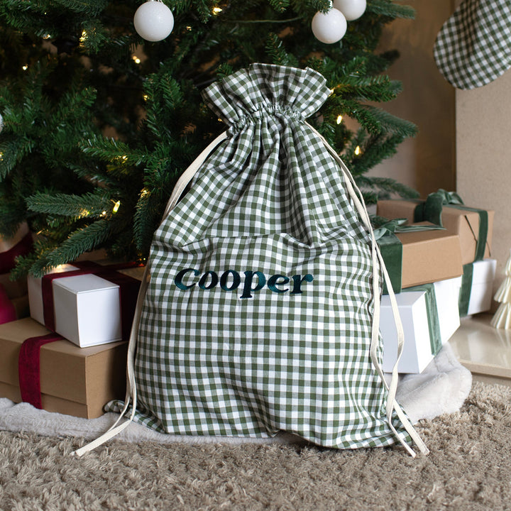 Mabel & Fox - Personalised Green Gingham Gift Sack - Embroidered