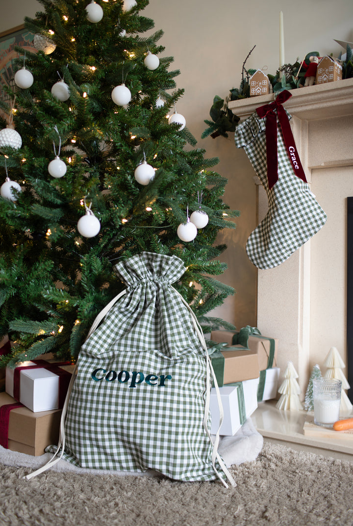 Mabel & Fox - Personalised Green Gingham Gift Sack - Embroidered