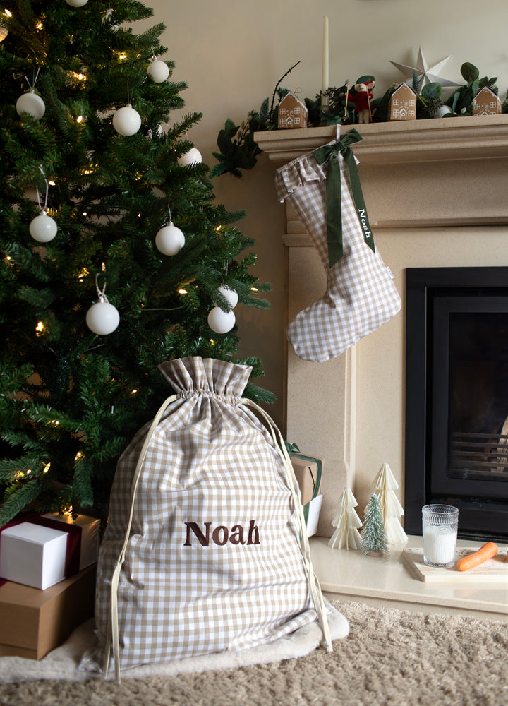 Mabel & Fox - Personalised Beige Gingham Gift Sack - Embroidered