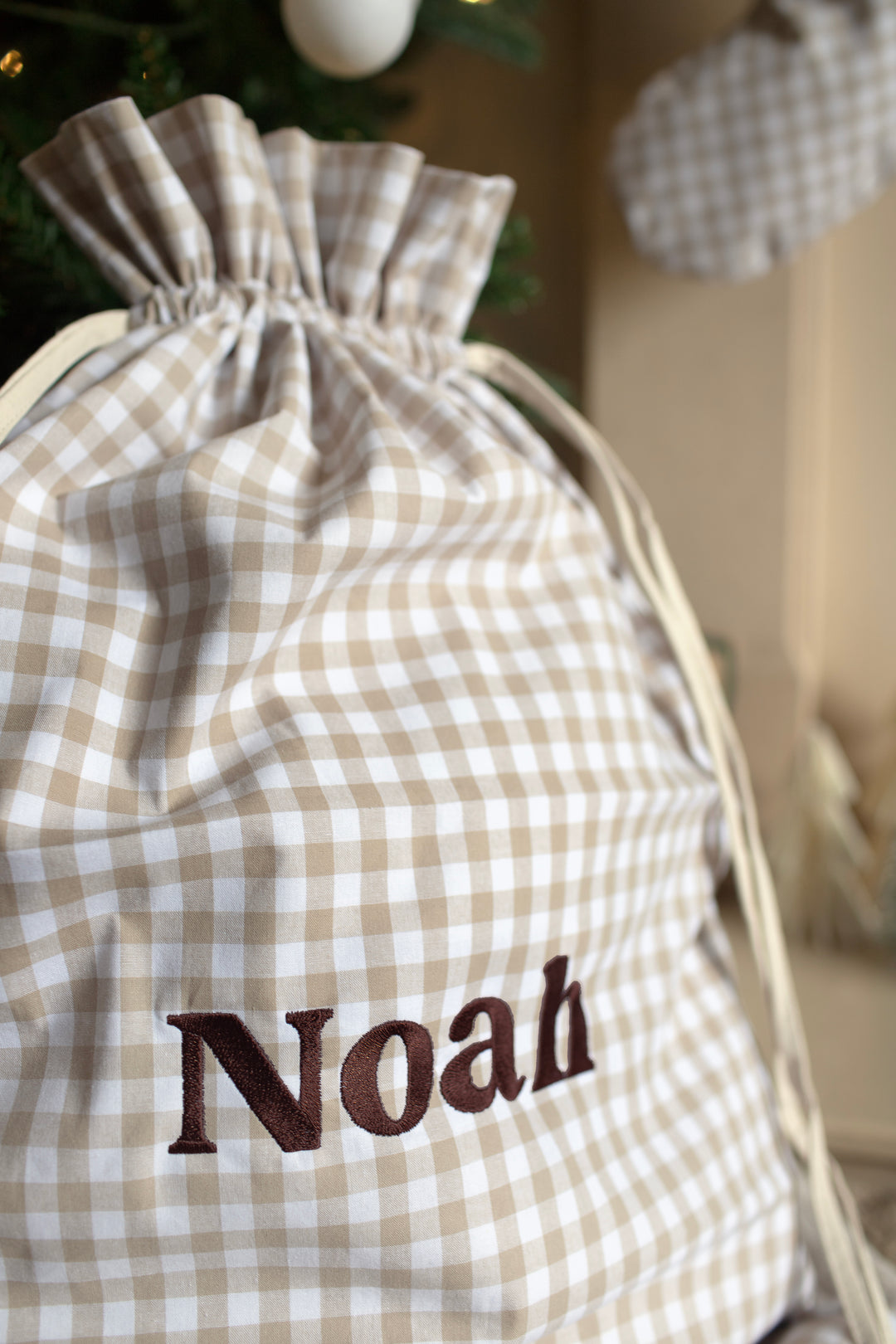 Mabel & Fox - Personalised Beige Gingham Gift Sack - Embroidered