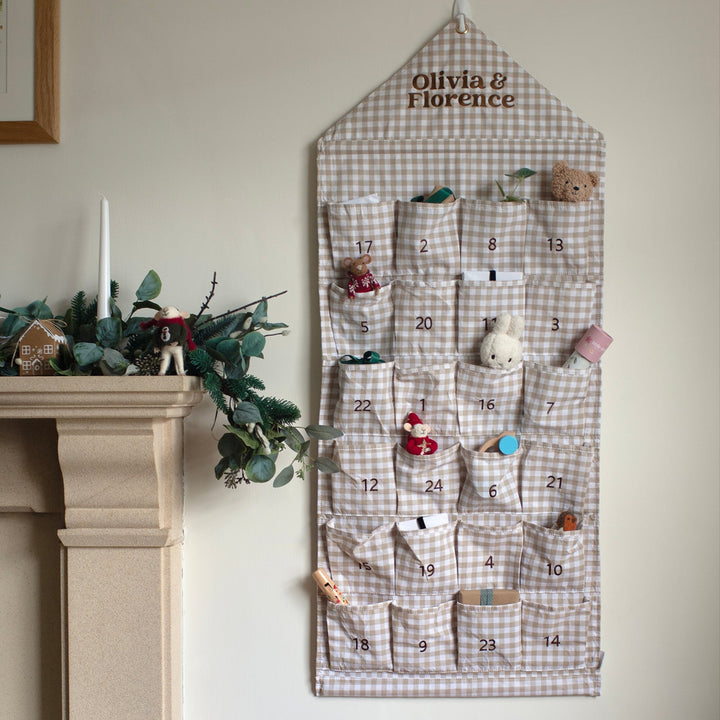 Mabel & Fox - Personalised Beige Gingham Advent Calendar - Embroidered