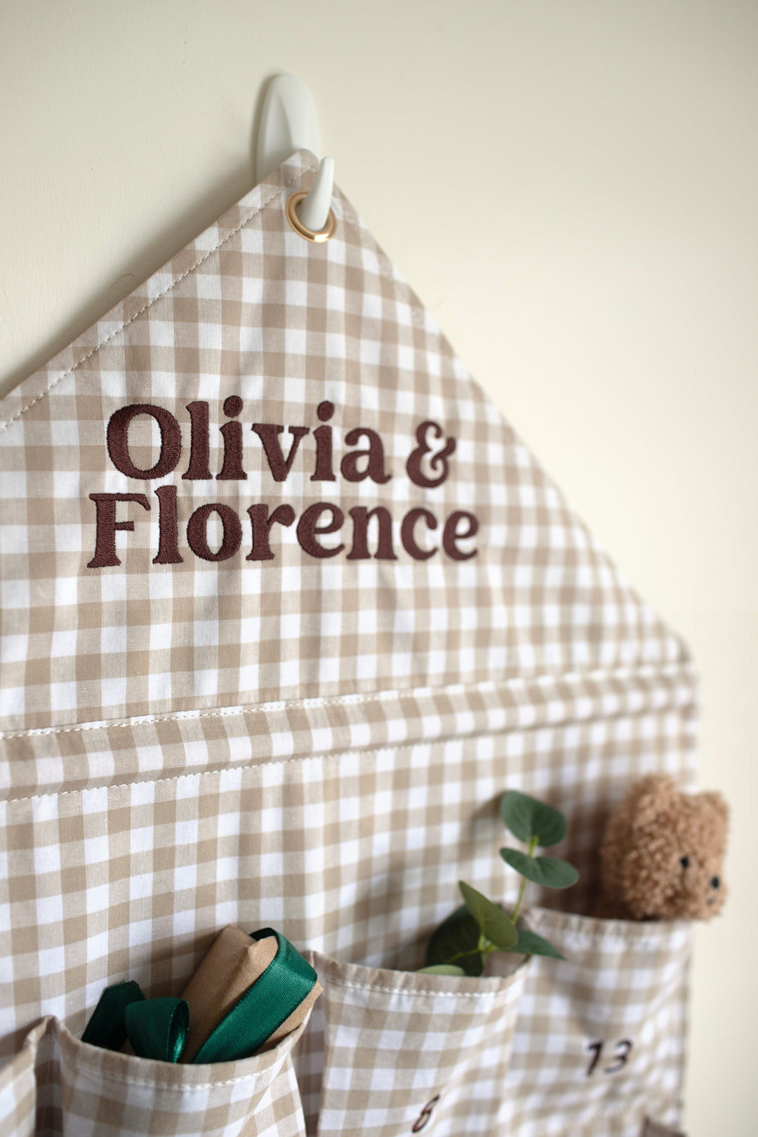 Mabel & Fox - Personalised Beige Gingham Advent Calendar - Embroidered