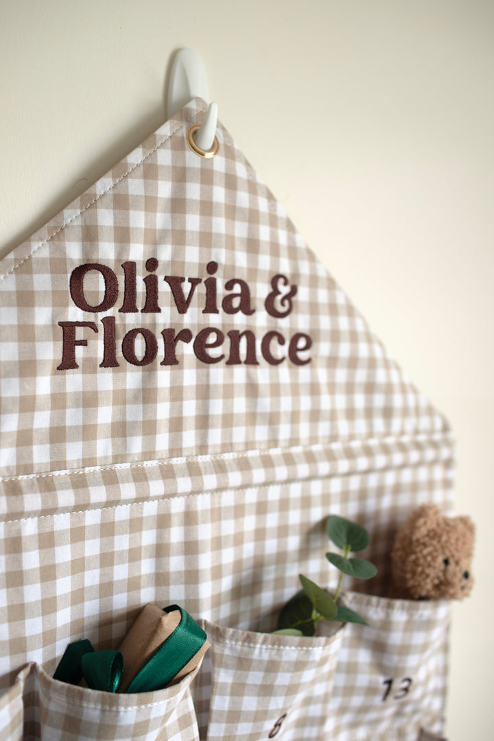 Mabel & Fox - Personalised Beige Gingham Advent Calendar - Embroidered