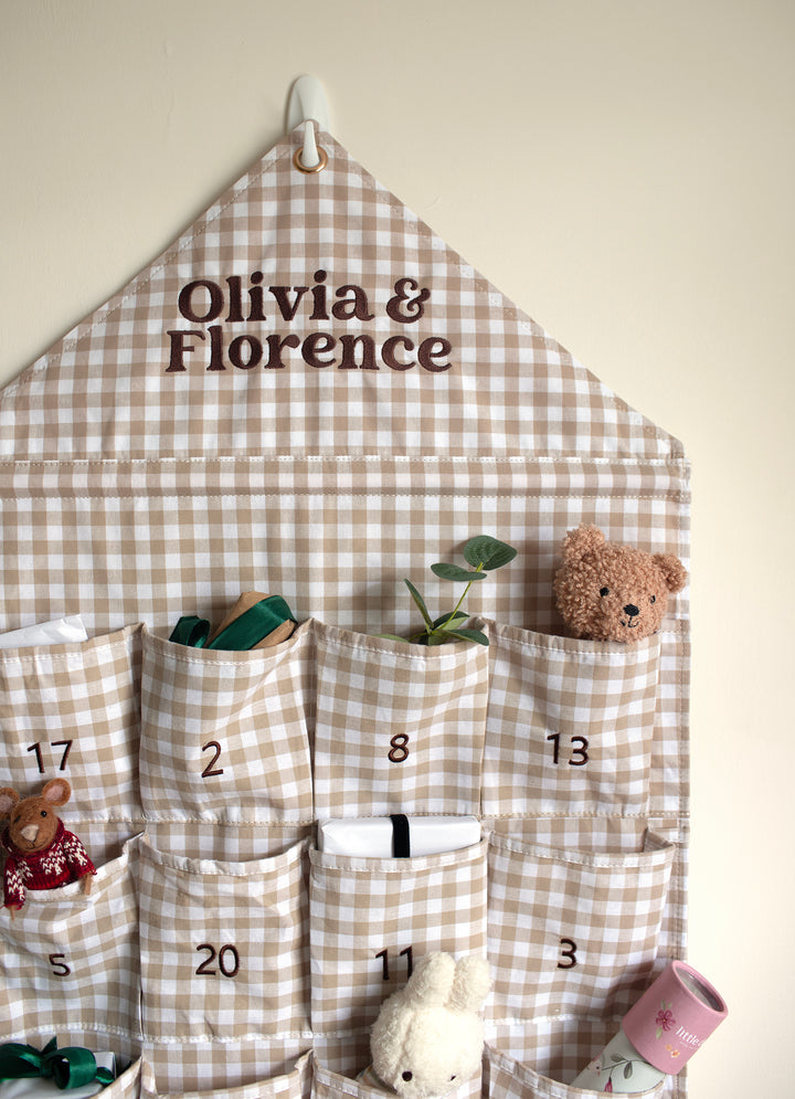 Mabel & Fox - Personalised Beige Gingham Advent Calendar - Embroidered