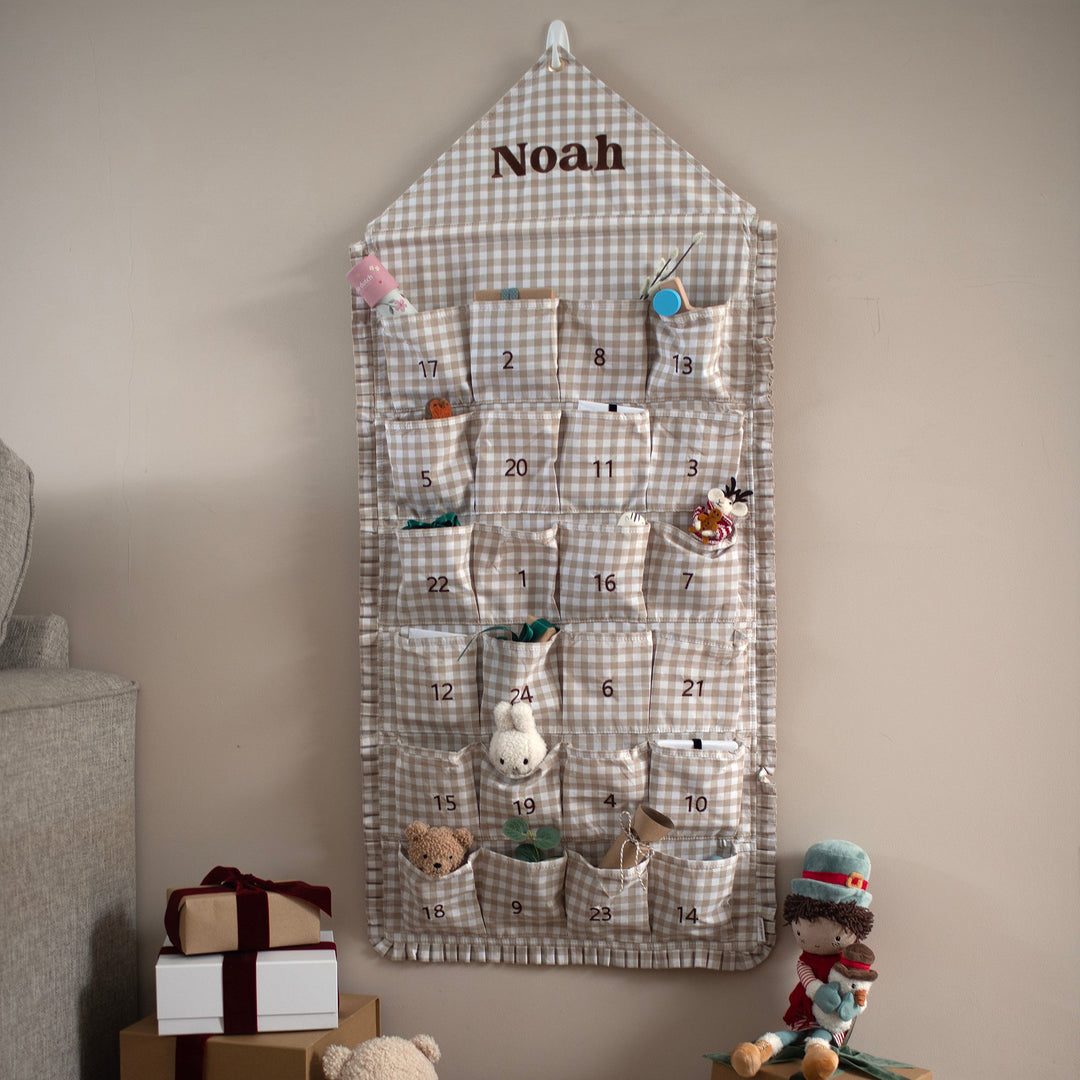 Mabel & Fox - Personalised Beige Gingham Ruffle Advent Calendar - Embroidered