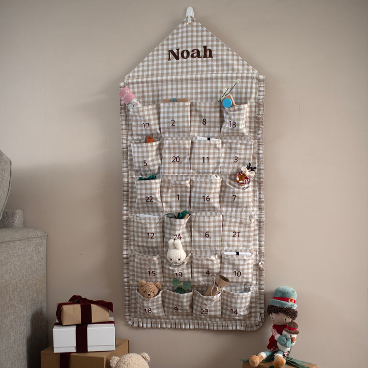 Mabel & Fox - Personalised Beige Gingham Ruffle Advent Calendar - Embroidered