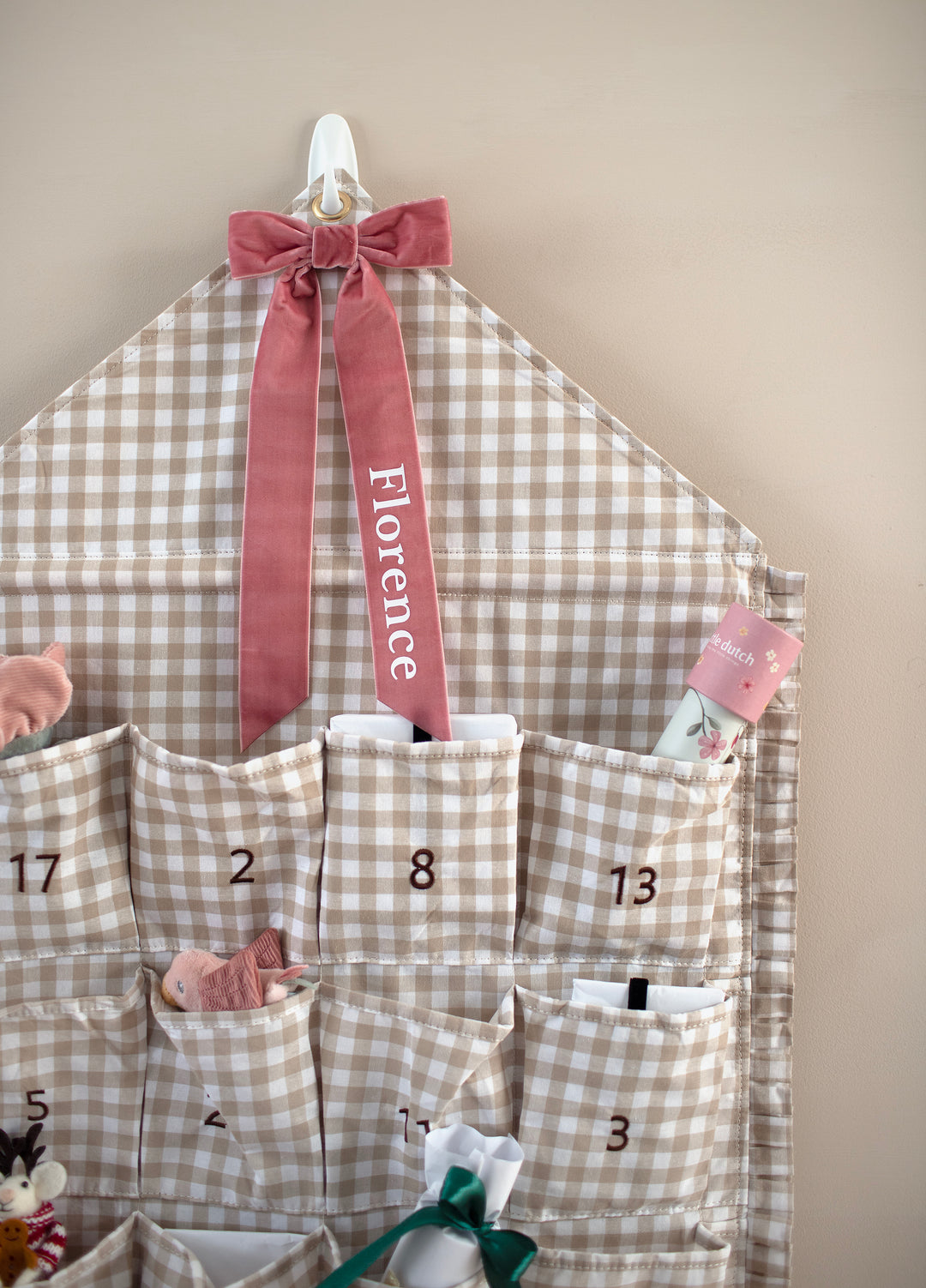 Mabel & Fox - Personalised Beige Gingham Ruffle Advent Calendar - Velvet Bow