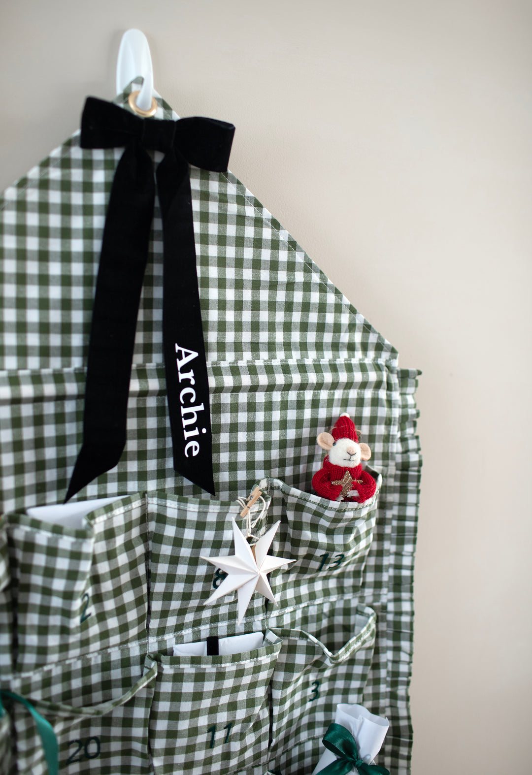 Mabel & Fox - Personalised Green Gingham Ruffle Advent Calendar - Velvet Bow