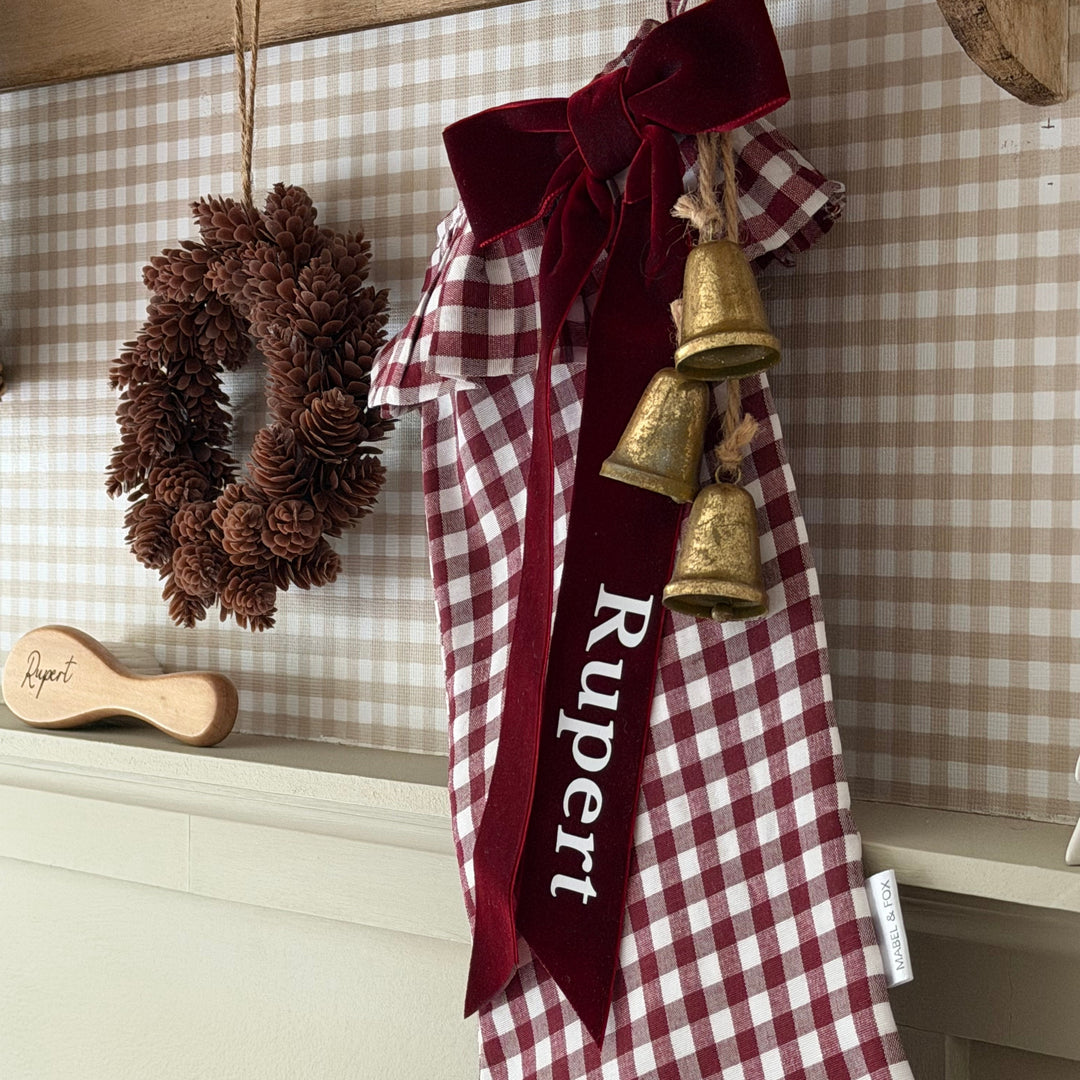 Mabel & Fox - Personalised Red Gingham Stocking - Velvet Bow