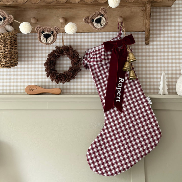 Mabel & Fox - Personalised Red Gingham Stocking - Velvet Bow