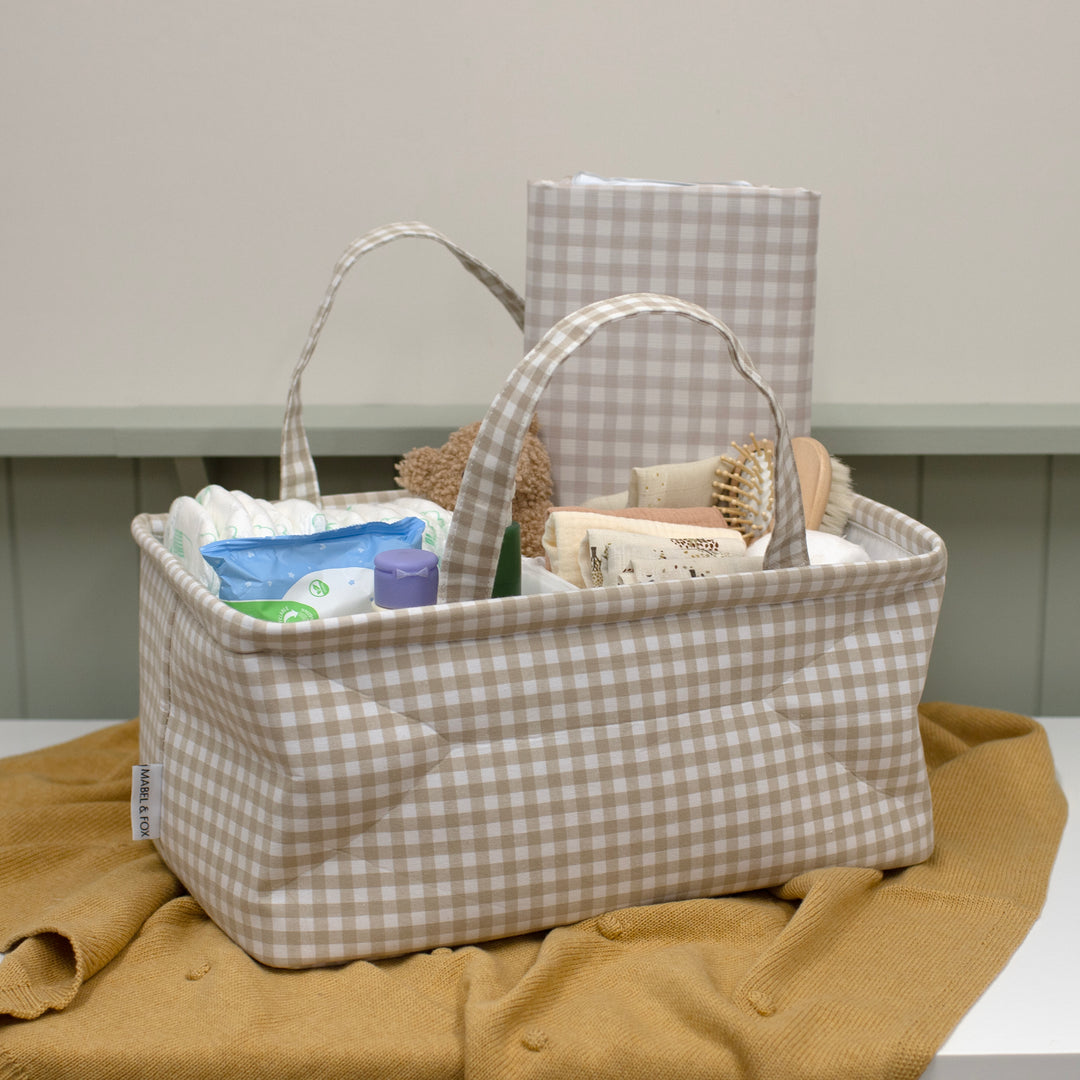 Mabel & Fox - Gingham Nappy Caddy - Beige