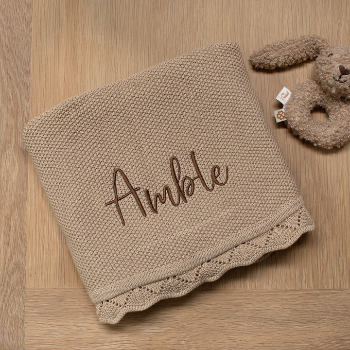 Mabel & Fox - Personalised Knitted Baby Blanket - Caramel