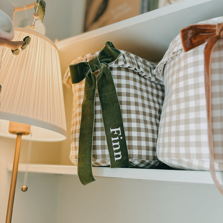 Mabel & Fox - Personalised Green Gingham Ruffle Basket - Velvet Bow