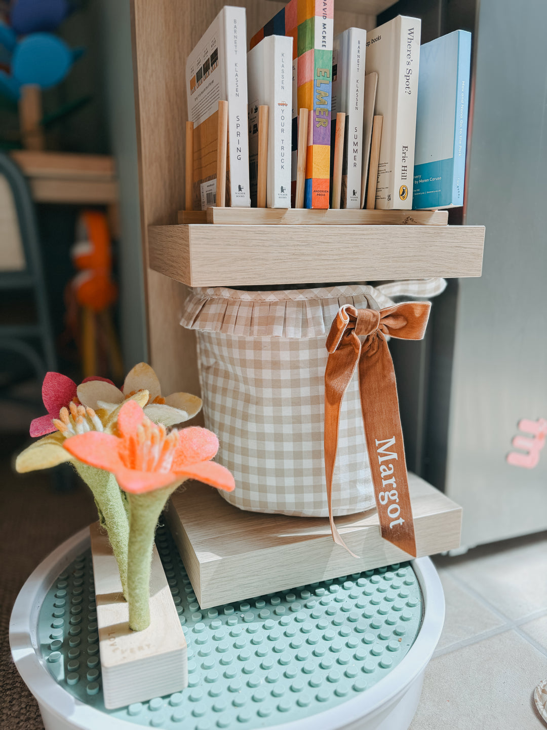 Mabel & Fox - Personalised Beige Gingham Ruffle Basket - Velvet Bow