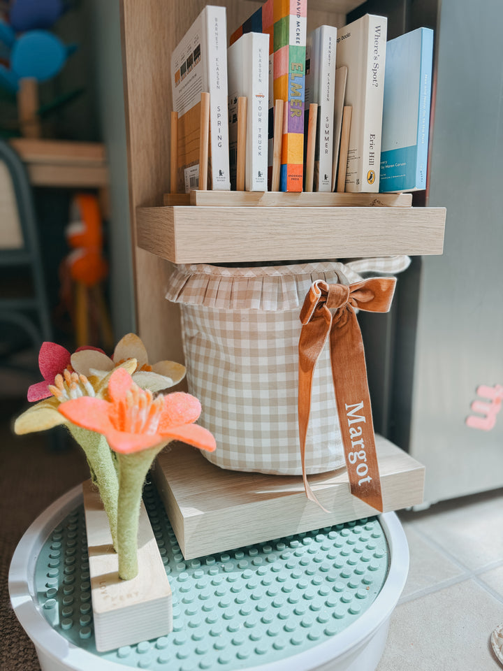 Mabel & Fox - Personalised Beige Gingham Ruffle Basket - Velvet Bow