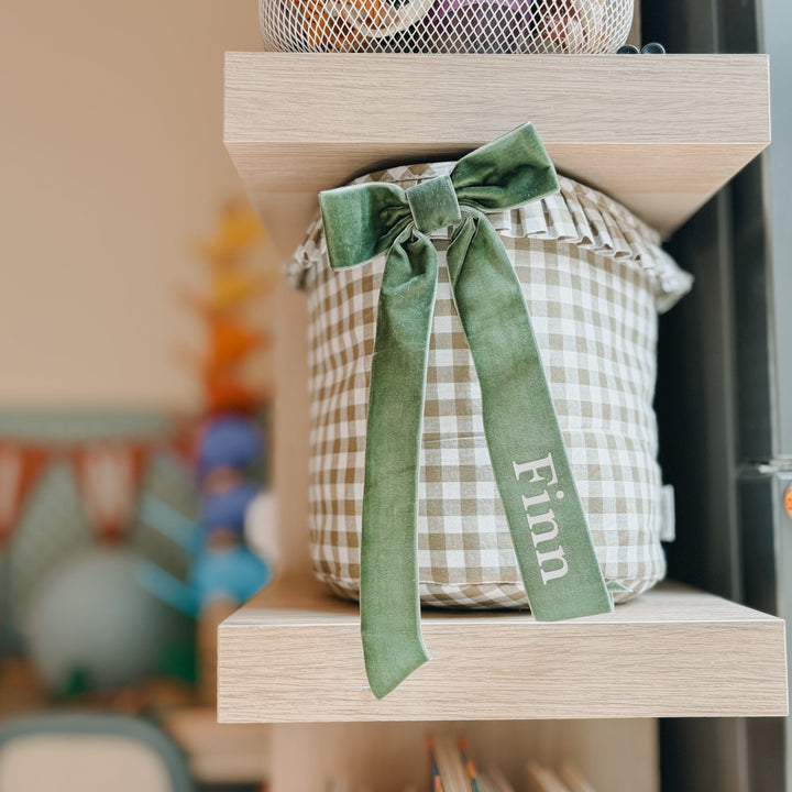 Mabel & Fox - Personalised Green Gingham Ruffle Basket - Velvet Bow