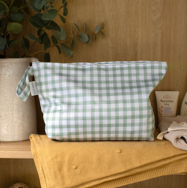 Mabel & Fox - 2 Pcs Wet Bag Set - Beige & Sage Gingham - Mabel & Fox