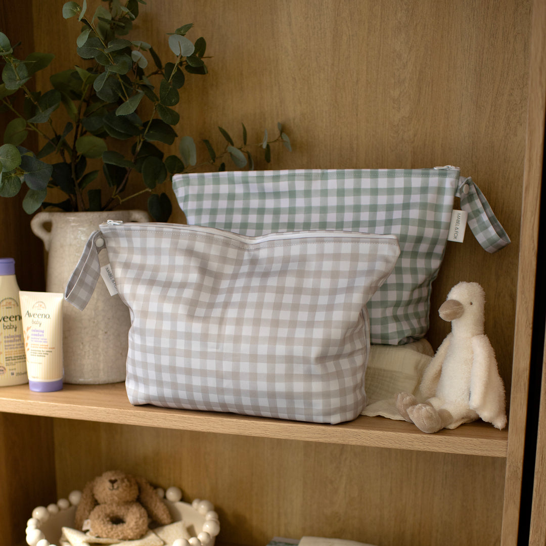 Mabel & Fox - 2 Pcs Wet Bag Set - Beige & Sage Gingham - Mabel & Fox