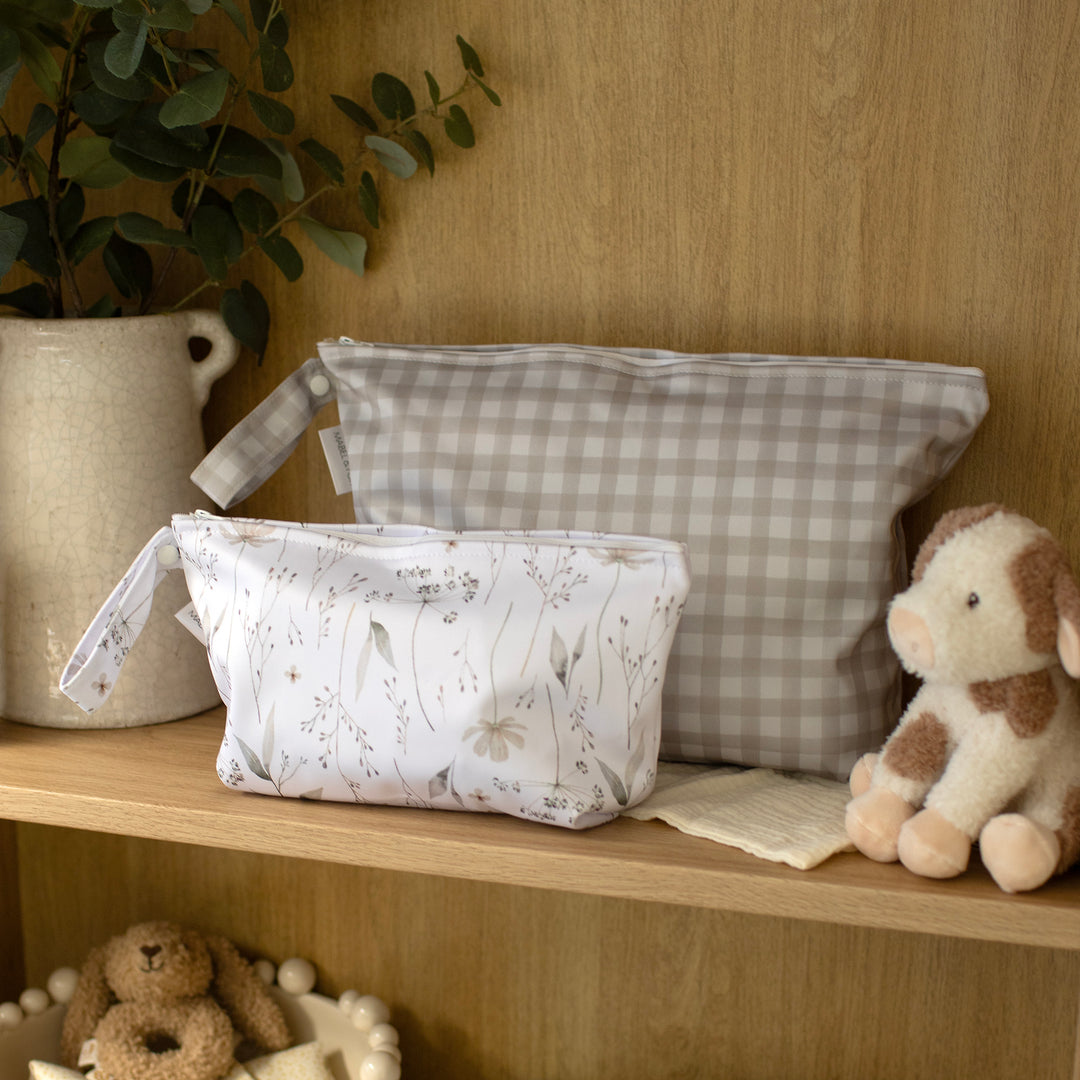 Mabel & Fox - 2 Pcs Wet Bag Set - Natural Wildflowers & Beige Gingham - Mabel & Fox