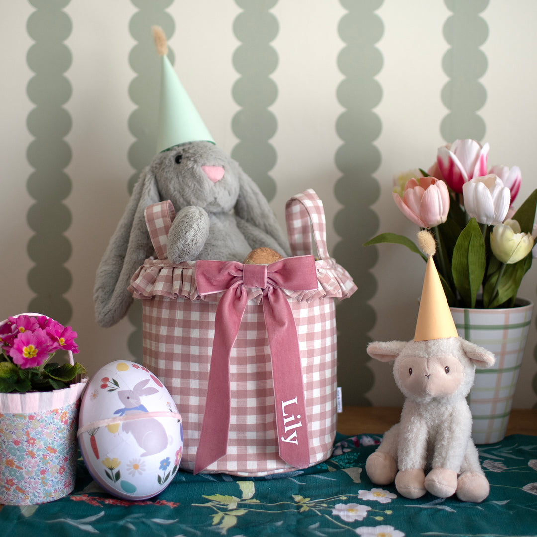 Mabel & Fox - Personalised Pink Gingham Ruffle Basket - Velvet Bow - Mabel & Fox