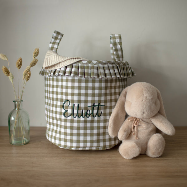 Mabel & Fox - Personalised Green Gingham Ruffle Basket - Embroidered - Mabel & Fox