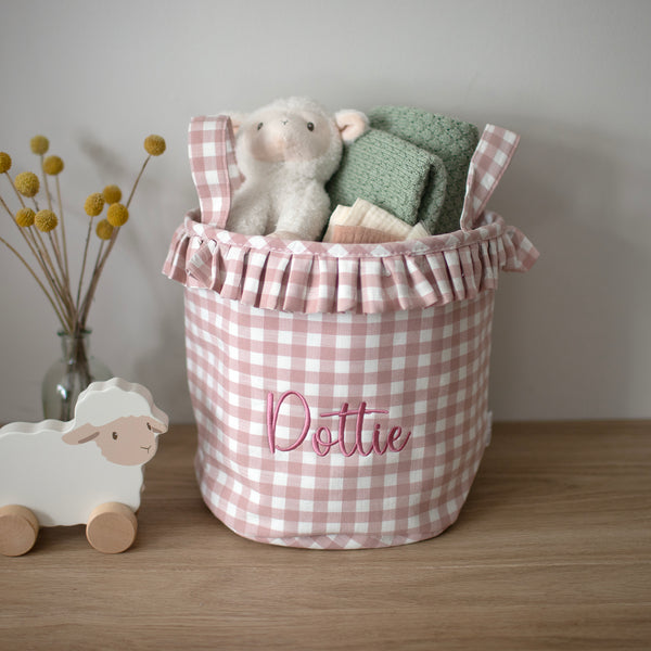 Mabel & Fox - Personalised Pink Gingham Ruffle Basket - Embroidered - Mabel & Fox