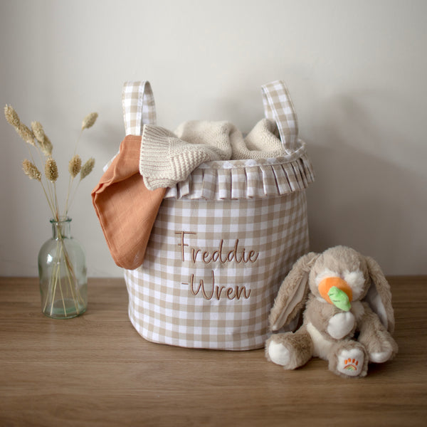Mabel & Fox - Personalised Beige Gingham Ruffle Basket - Embroidered - Mabel & Fox