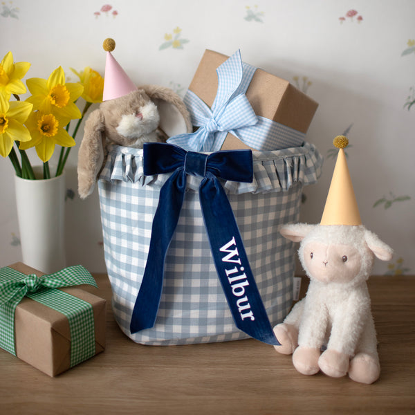 Mabel & Fox - Personalised Blue Gingham Ruffle Basket - Velvet Bow - Mabel & Fox