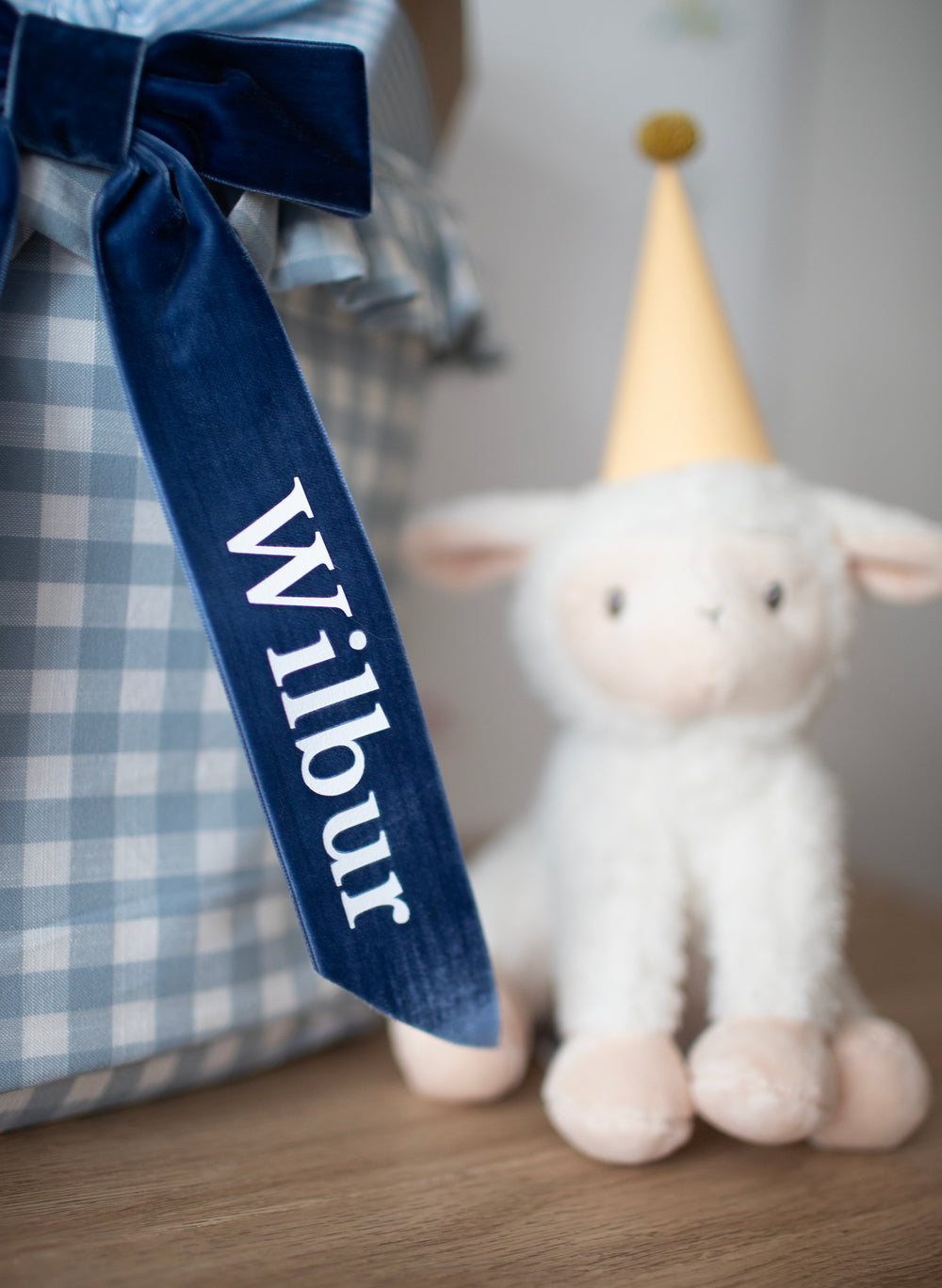 Mabel & Fox - Personalised Blue Gingham Ruffle Basket - Velvet Bow - Mabel & Fox