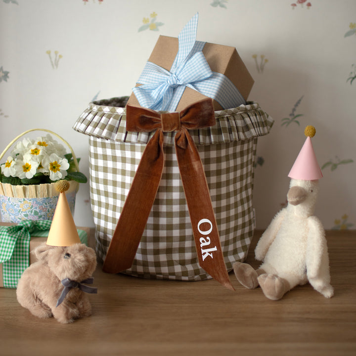 Mabel & Fox - Personalised Green Gingham Ruffle Basket - Velvet Bow - Mabel & Fox
