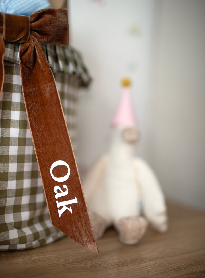 Mabel & Fox - Personalised Green Gingham Ruffle Basket - Velvet Bow - Mabel & Fox