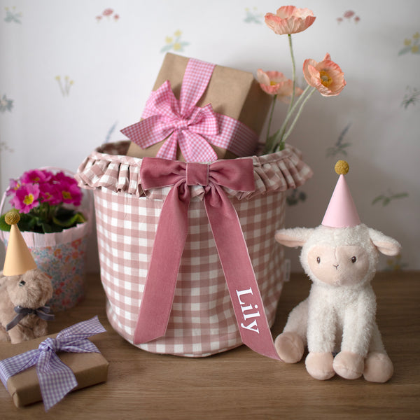 Mabel & Fox - Personalised Pink Gingham Ruffle Basket - Velvet Bow - Mabel & Fox