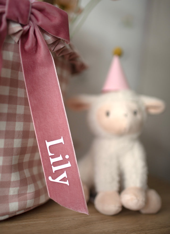 Mabel & Fox - Personalised Pink Gingham Ruffle Basket - Velvet Bow - Mabel & Fox