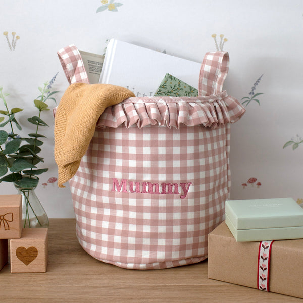 Mabel & Fox - Embroidered Gingham Ruffle Basket - Mummy - Mabel & Fox