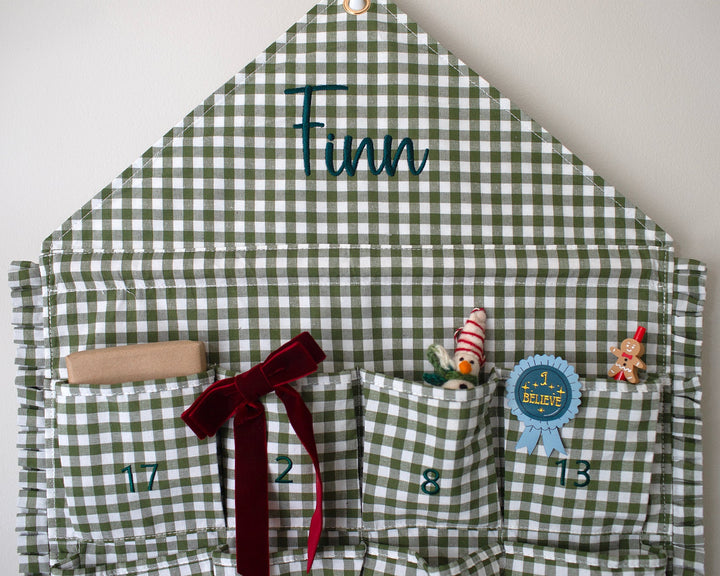 Mabel & Fox - Personalised Green Gingham Ruffle Advent Calendar - Embroidered - Mabel & Fox