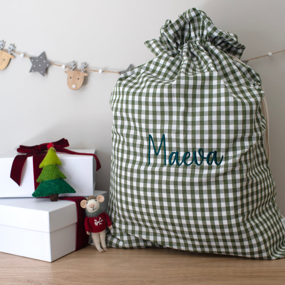 Mabel & Fox - Personalised Green Gingham Gift Sack - Embroidered - Mabel & Fox