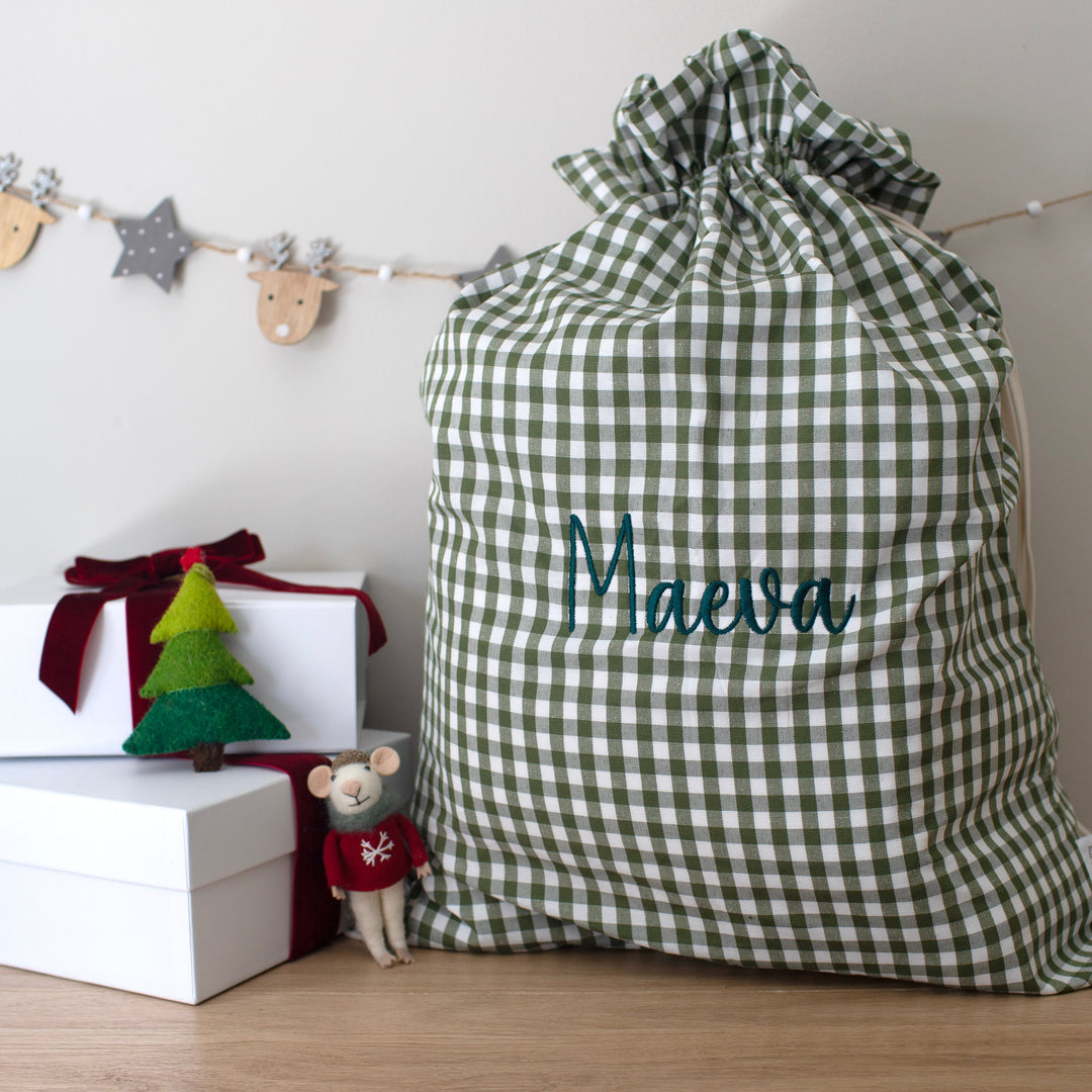 Mabel & Fox - Personalised Green Gingham Gift Sack - Embroidered - Mabel & Fox