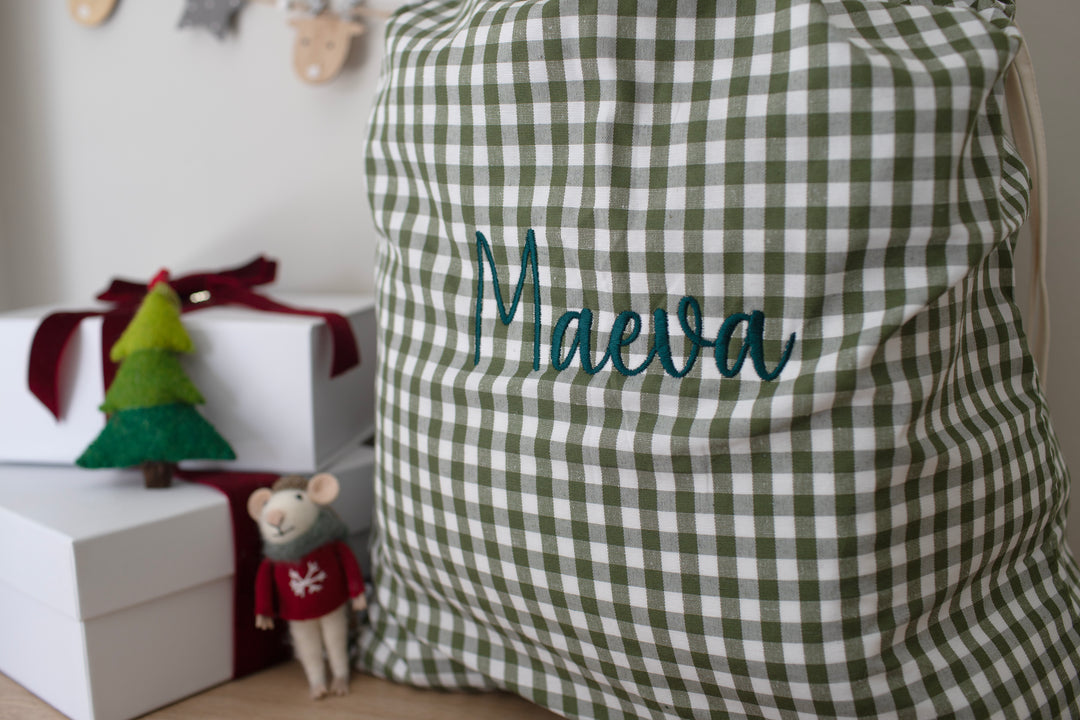 Mabel & Fox - Personalised Green Gingham Gift Sack - Embroidered - Mabel & Fox