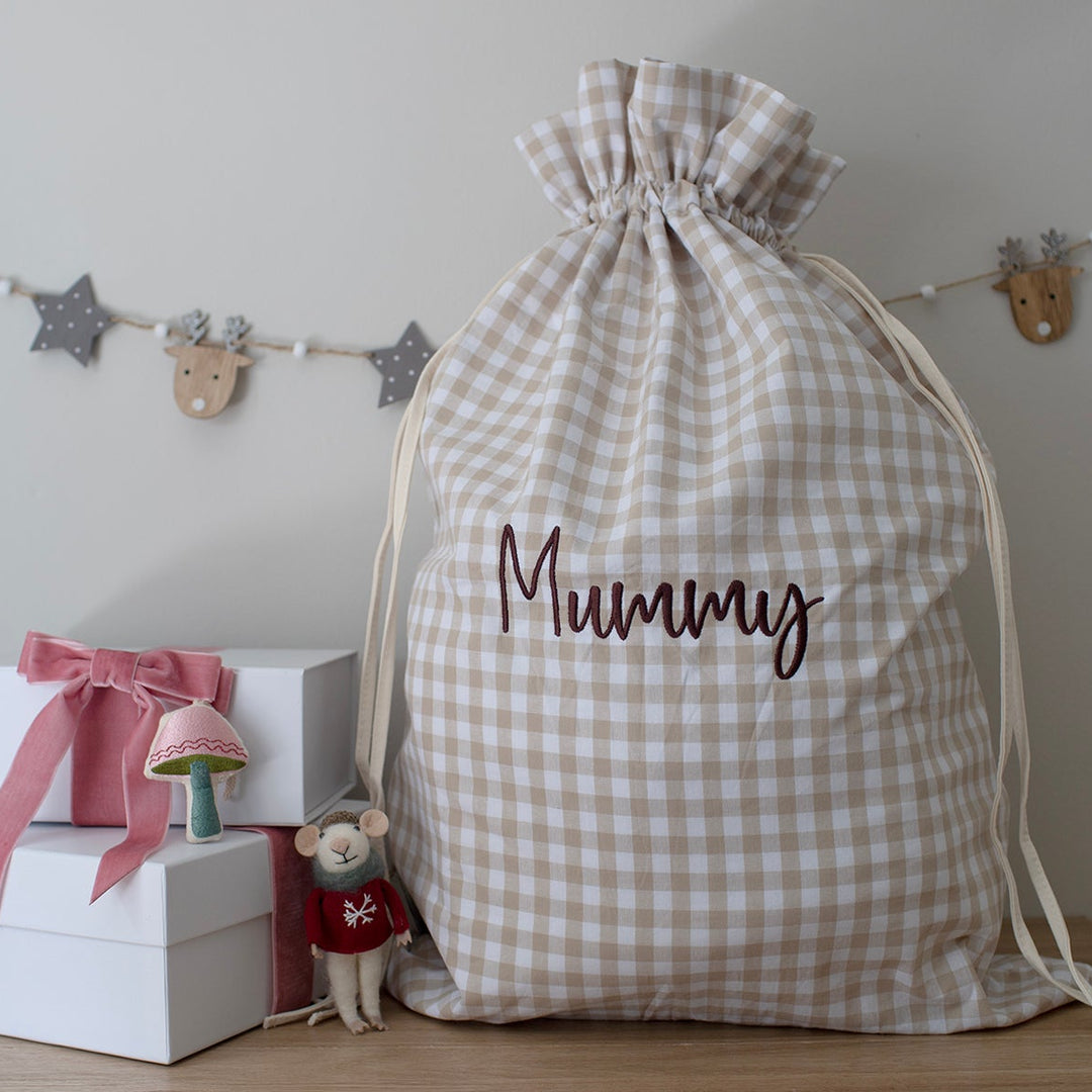 Mabel & Fox - Personalised Beige Gingham Gift Sack - Embroidered - Mabel & Fox