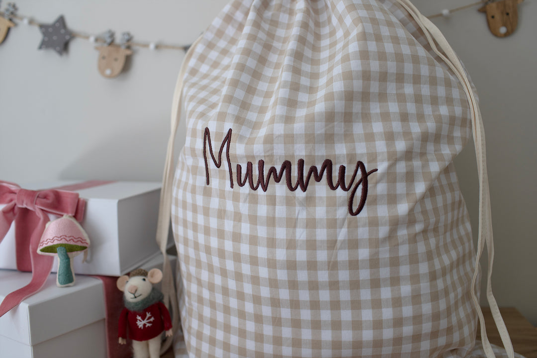 Mabel & Fox - Personalised Beige Gingham Gift Sack - Embroidered - Mabel & Fox